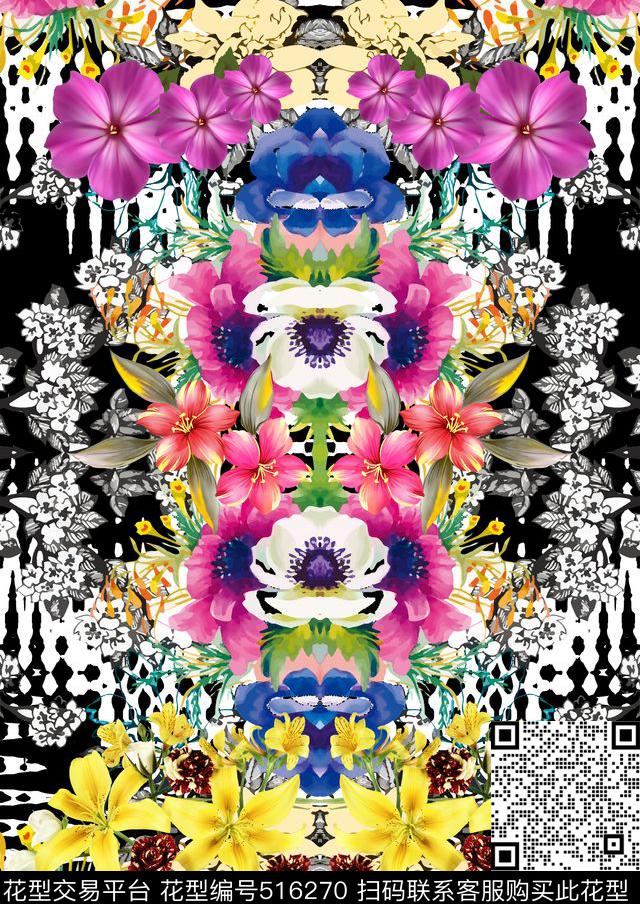 暗底花卉水彩数码印花华亿平台下载（图片编号: 516270） - 瓦栏（Walan）