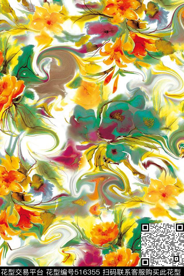 花卉潮流时尚大牌手绘水彩花卉数码印花华亿平台下载（图片编号: 516355） - 瓦栏（Walan）