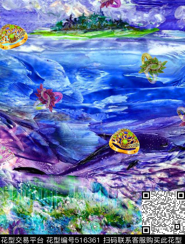 潮流时尚大牌珠宝抽象海洋沙滩数码印花华亿平台下载（图片编号: 516361） - 瓦栏（Walan）