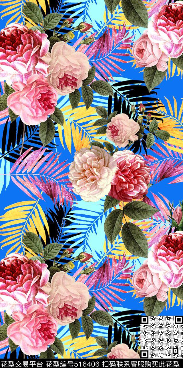 流行时尚热带树叶搭配复古花卉欧美数码印花华亿平台下载（图片编号: 516406） - 瓦栏（Walan）