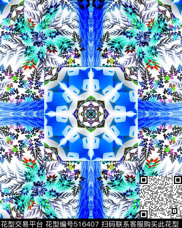 时尚潮流青花窗格花卉服装数码印花华亿平台下载（图片编号: 516407） - 瓦栏（Walan）