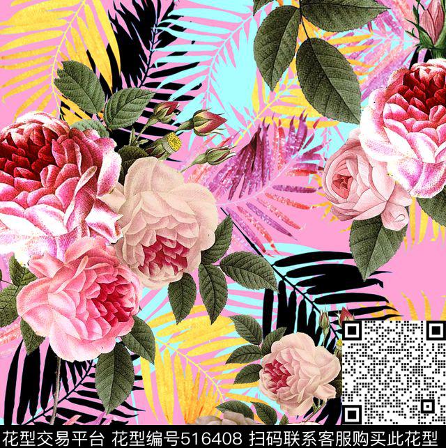 流行时尚热带树叶搭配复古花卉欧美数码印花华亿平台下载（图片编号: 516408） - 瓦栏（Walan）