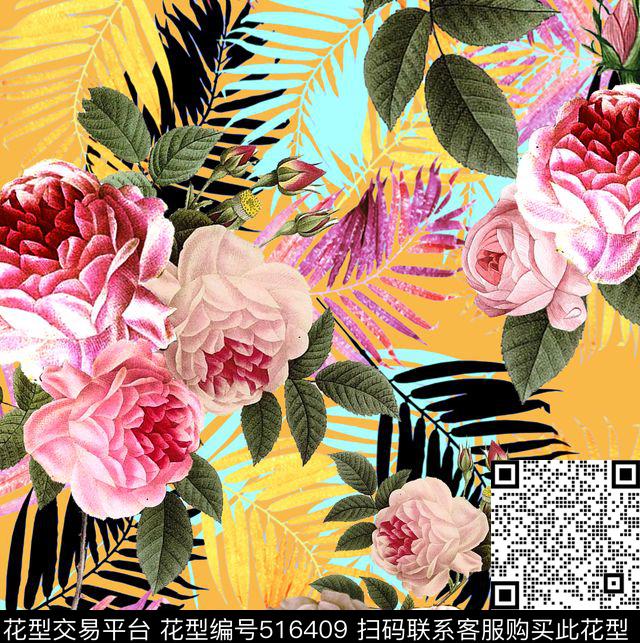 流行时尚热带树叶搭配复古花卉欧美数码印花华亿平台下载（图片编号: 516409） - 瓦栏（Walan）