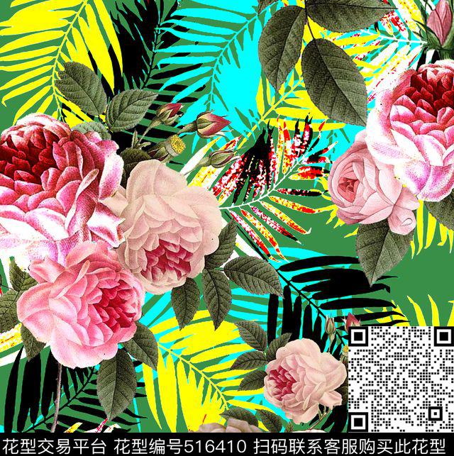 流行时尚热带树叶搭配复古花卉欧美数码印花华亿平台下载（图片编号: 516410） - 瓦栏（Walan）