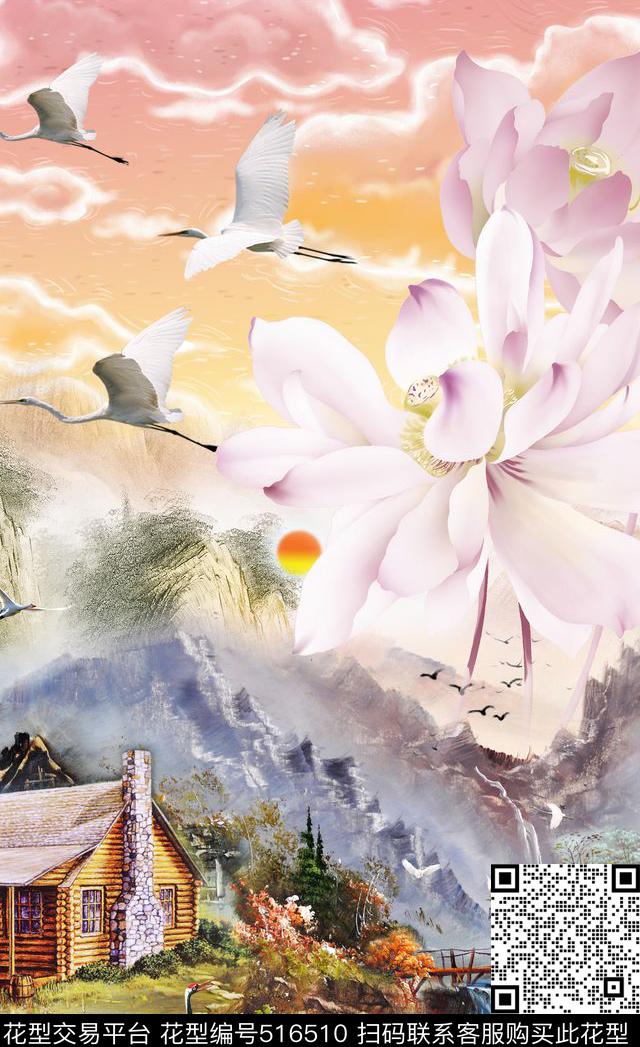 潮流时尚定位复古风景荷花数码印花华亿平台下载（图片编号: 516510） - 瓦栏（Walan）