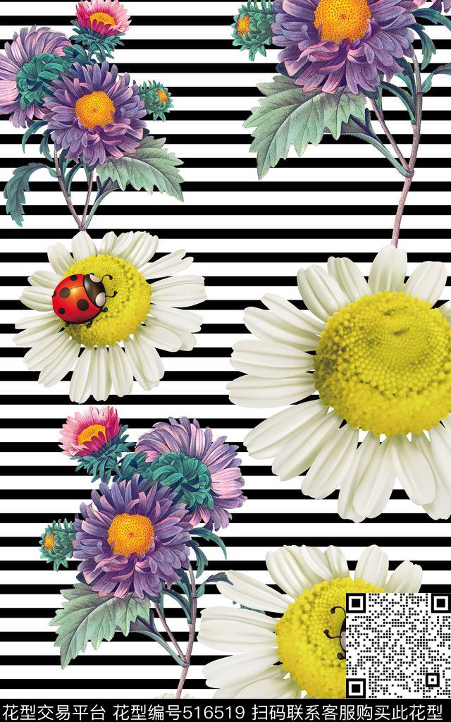 MAX-大牌风格流行时尚手绘复古花卉瓢虫菊花横条纹数码印花华亿平台下载（图片编号: 516519） - 瓦栏（Walan）