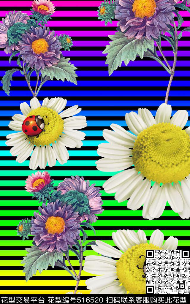 MAX-大牌风格流行时尚手绘复古花卉瓢虫菊花横条纹数码印花华亿平台下载（图片编号: 516520） - 瓦栏（Walan）