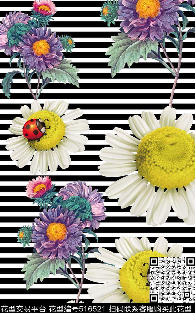 MAX-大牌风格流行时尚手绘复古花卉瓢虫菊花横条纹数码印花华亿平台下载（图片编号: 516521） - 瓦栏（Walan）
