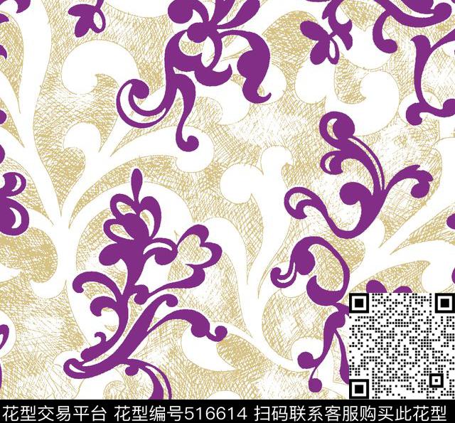 手绘线条卷草服装传统印花华亿平台下载（图片编号: 516614） - 瓦栏（Walan）