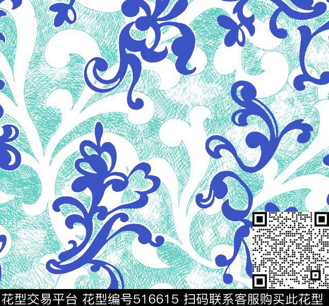 手绘线条卷草服装传统印花华亿平台下载（图片编号: 516615） - 瓦栏（Walan）