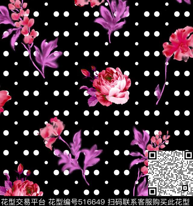 波点花卉清新数码印花华亿平台下载（图片编号: 516649） - 瓦栏（Walan）