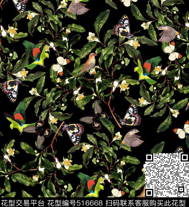 潮流时尚复古花卉秋冬花鸟数码印花华亿平台下载（图片编号: 516668） - 瓦栏（Walan）