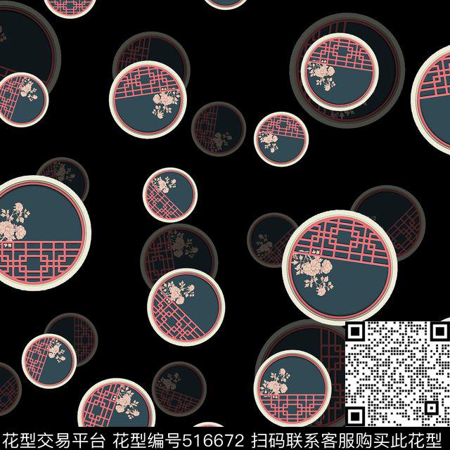 时尚复古中国风窗户数码印花华亿平台下载（图片编号: 516672） - 瓦栏（Walan）