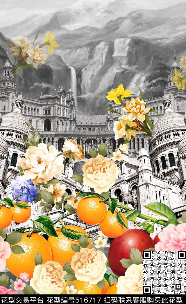 D&G风格大牌定位建筑手绘花卉数码印花华亿平台下载（图片编号: 516717） - 瓦栏（Walan）