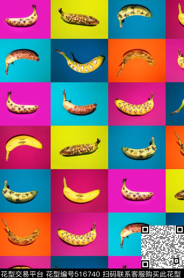 趣味彩色格子香蕉数码印花华亿平台下载（图片编号: 516740） - 瓦栏（Walan）
