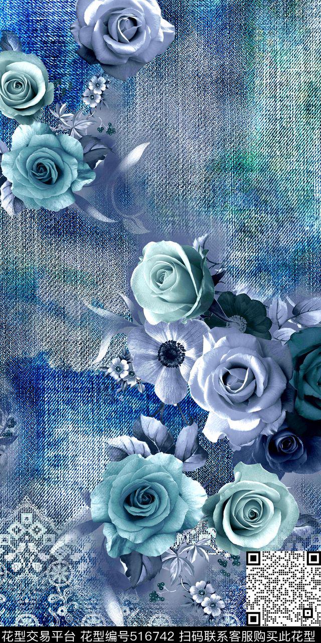 时尚牛仔布花卉数码印花华亿平台下载（图片编号: 516742） - 瓦栏（Walan）