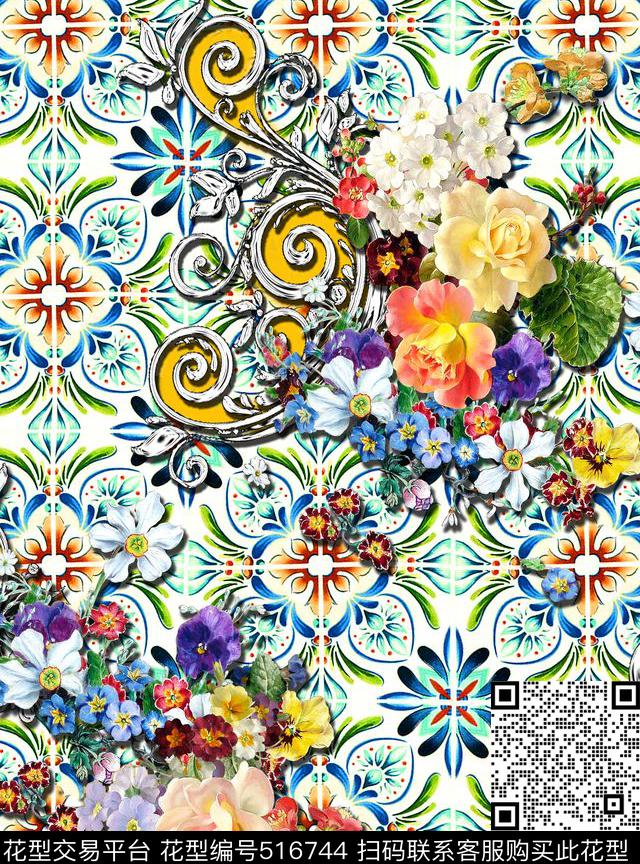 时尚卷草花卉数码印花华亿平台下载（图片编号: 516744） - 瓦栏（Walan）