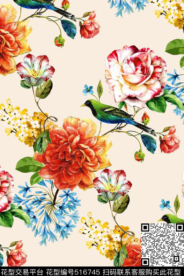 油画花卉小鸟花卉数码印花华亿平台下载（图片编号: 516745） - 瓦栏（Walan）
