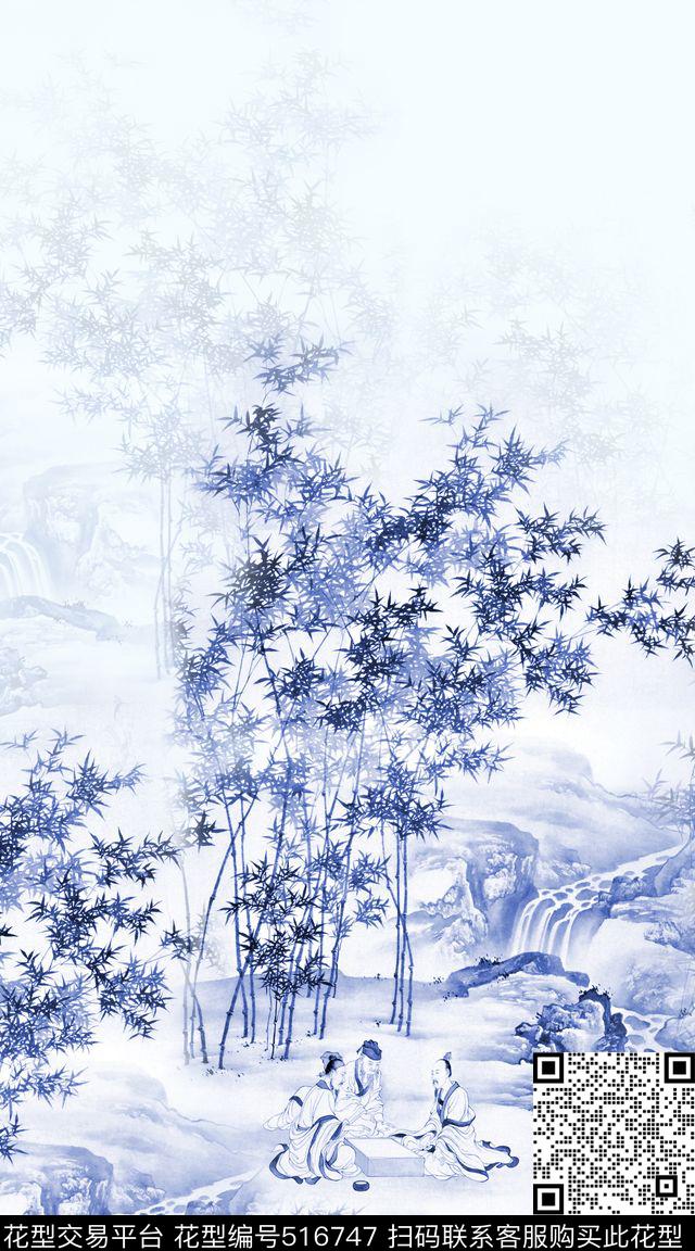 青花山水竹子人物传统印花华亿平台下载（图片编号: 516747） - 瓦栏（Walan）
