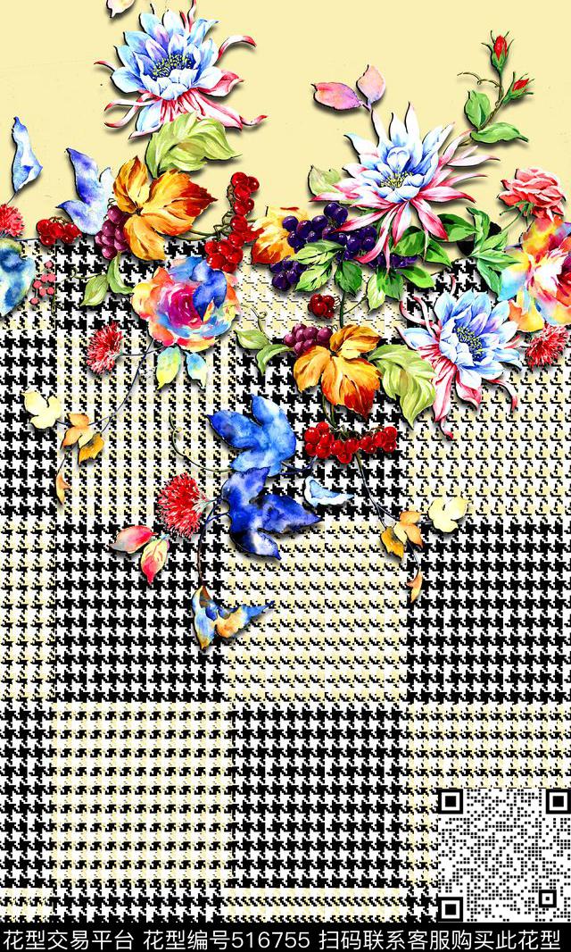 时尚水彩花卉几何格子数码印花华亿平台下载（图片编号: 516755） - 瓦栏（Walan）
