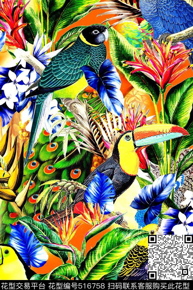 热带风花卉鹦鹉数码印花华亿平台下载（图片编号: 516758） - 瓦栏（Walan）