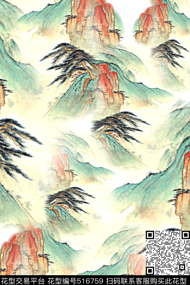 山水水墨国画数码印花华亿平台下载（图片编号: 516759） - 瓦栏（Walan）