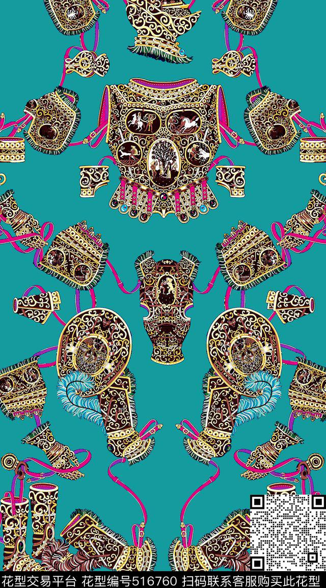 时尚欧式花纹盔甲数码印花华亿平台下载（图片编号: 516760） - 瓦栏（Walan）