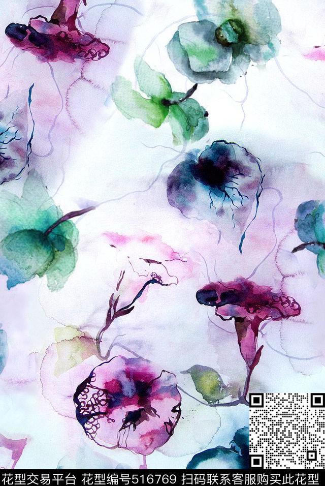 喇叭花梦幻水彩数码印花华亿平台下载（图片编号: 516769） - 瓦栏（Walan）