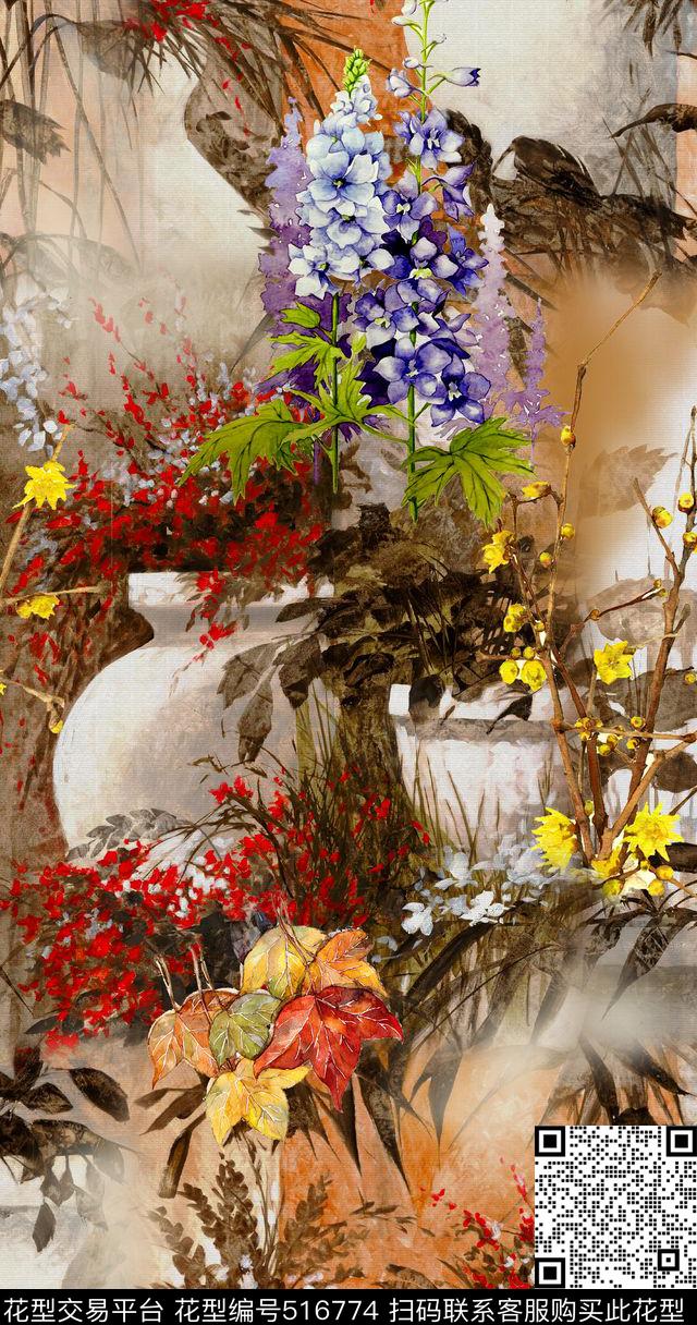 时尚水彩花卉花瓶数码印花华亿平台下载（图片编号: 516774） - 瓦栏（Walan）