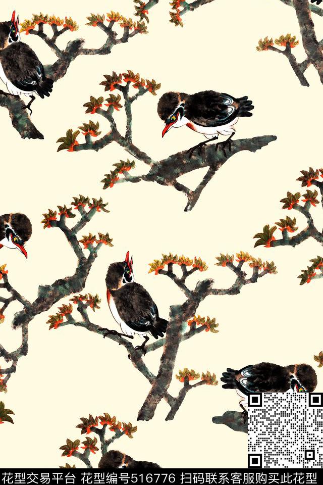手绘泼墨中国风朦胧泼墨复古喜鹊梅花古典中国风数码印花华亿平台下载（图片编号: 516776） - 瓦栏（Walan）