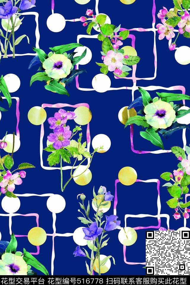 波点水彩花卉几何数码印花华亿平台下载（图片编号: 516778） - 瓦栏（Walan）