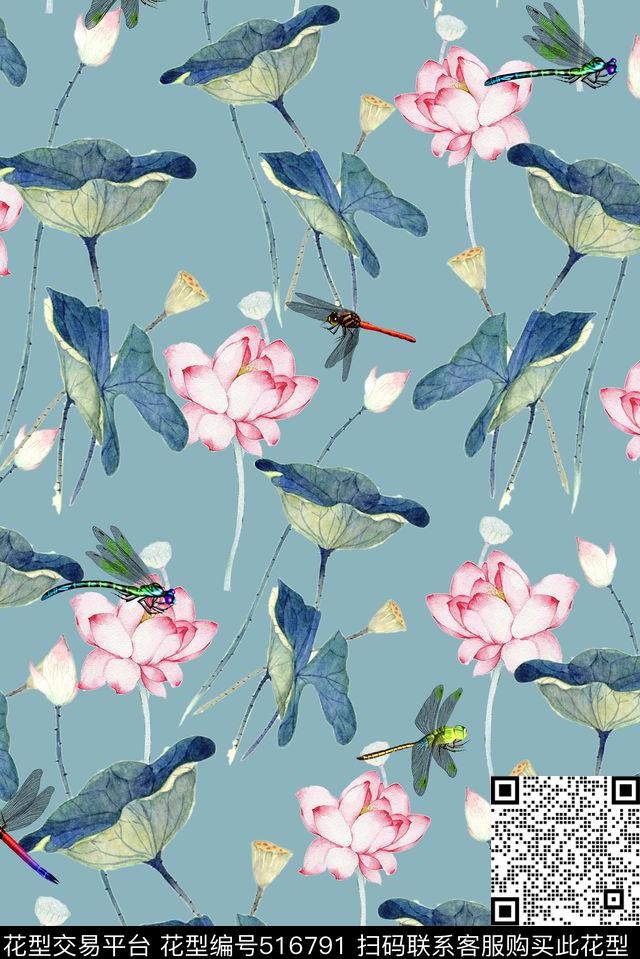 荷叶荷花蜻蜓小清新数码印花华亿平台下载（图片编号: 516791） - 瓦栏（Walan）