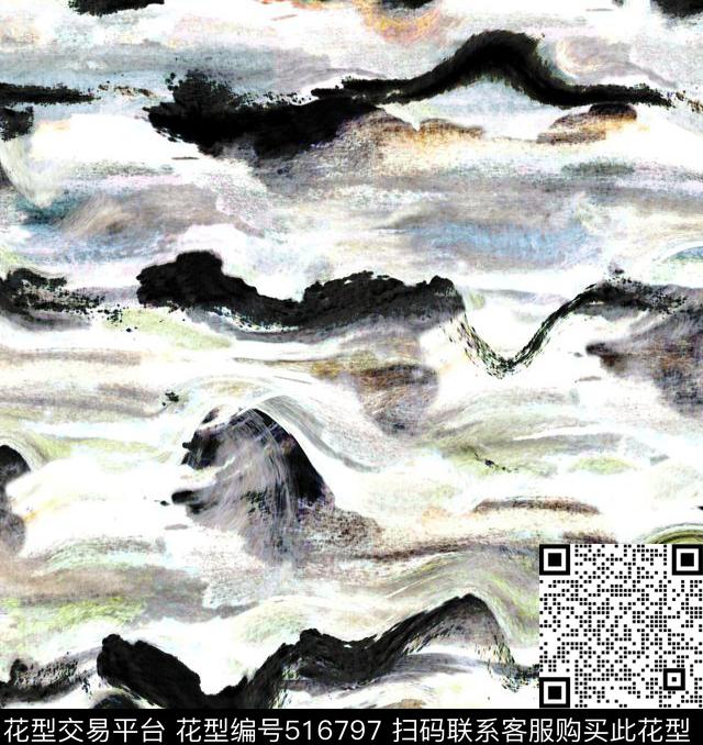 抽象山水水墨数码印花华亿平台下载（图片编号: 516797） - 瓦栏（Walan）