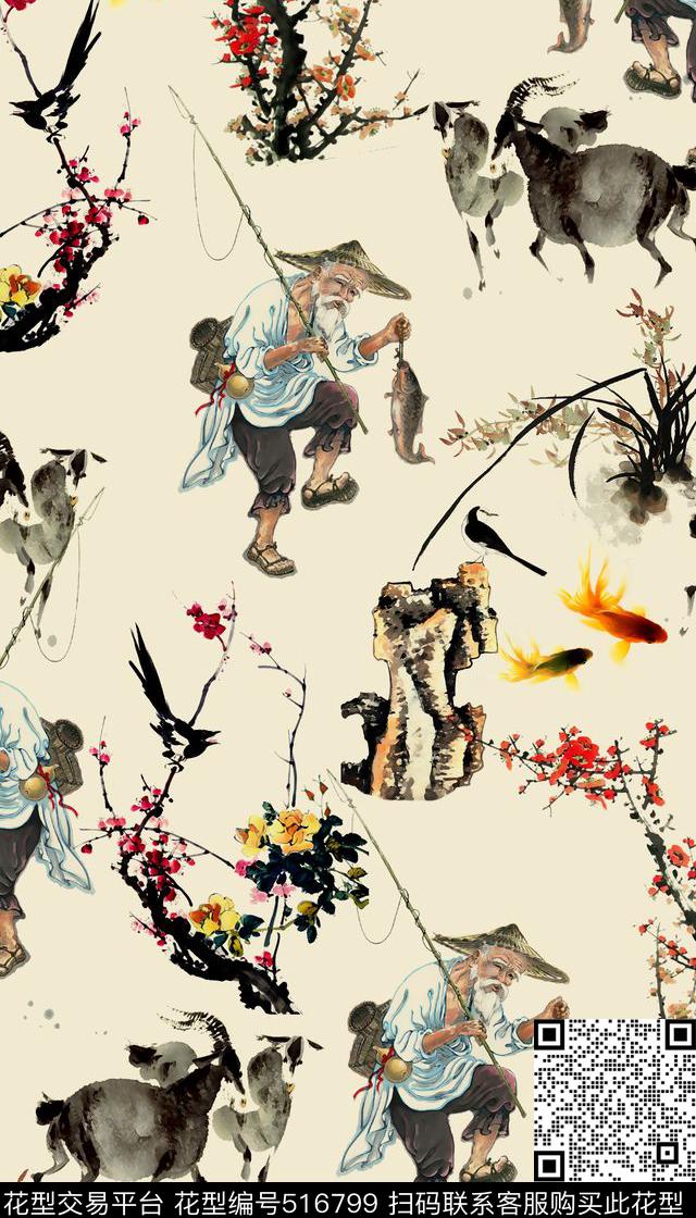 中国风钓鱼老翁国画山水数码印花华亿平台下载（图片编号: 516799） - 瓦栏（Walan）