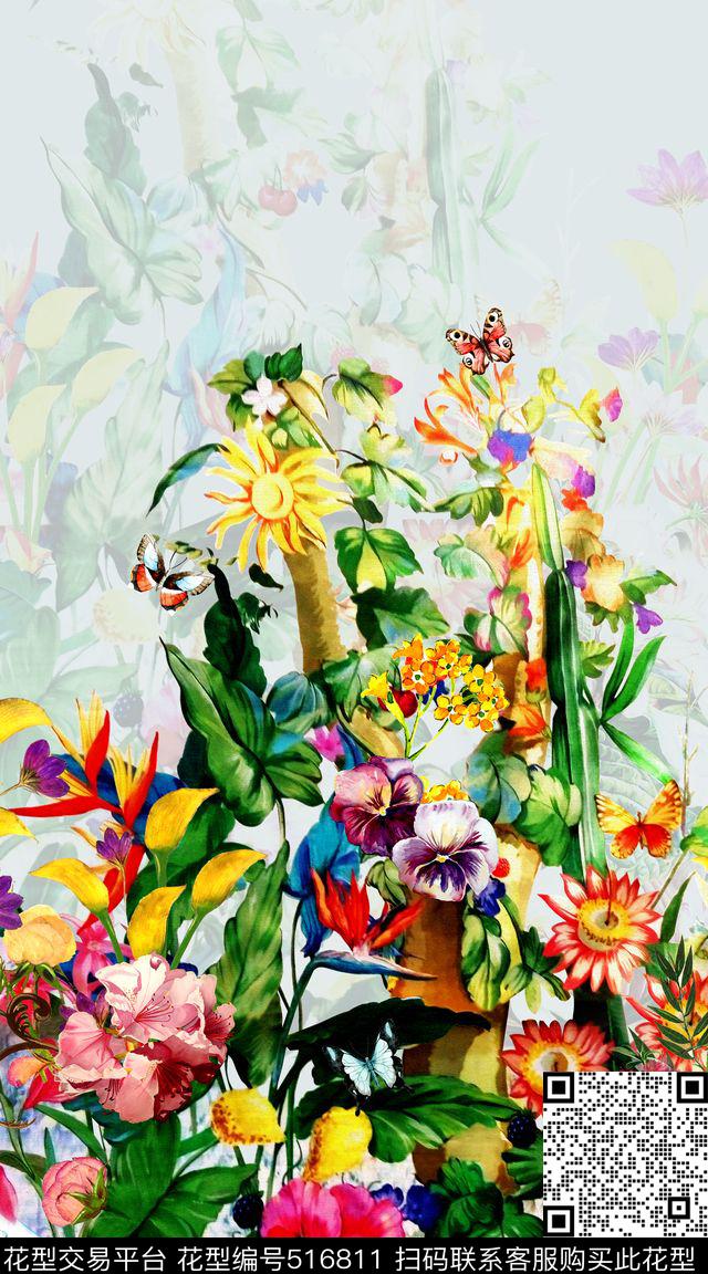 时尚水彩花卉数码印花华亿平台下载（图片编号: 516811） - 瓦栏（Walan）