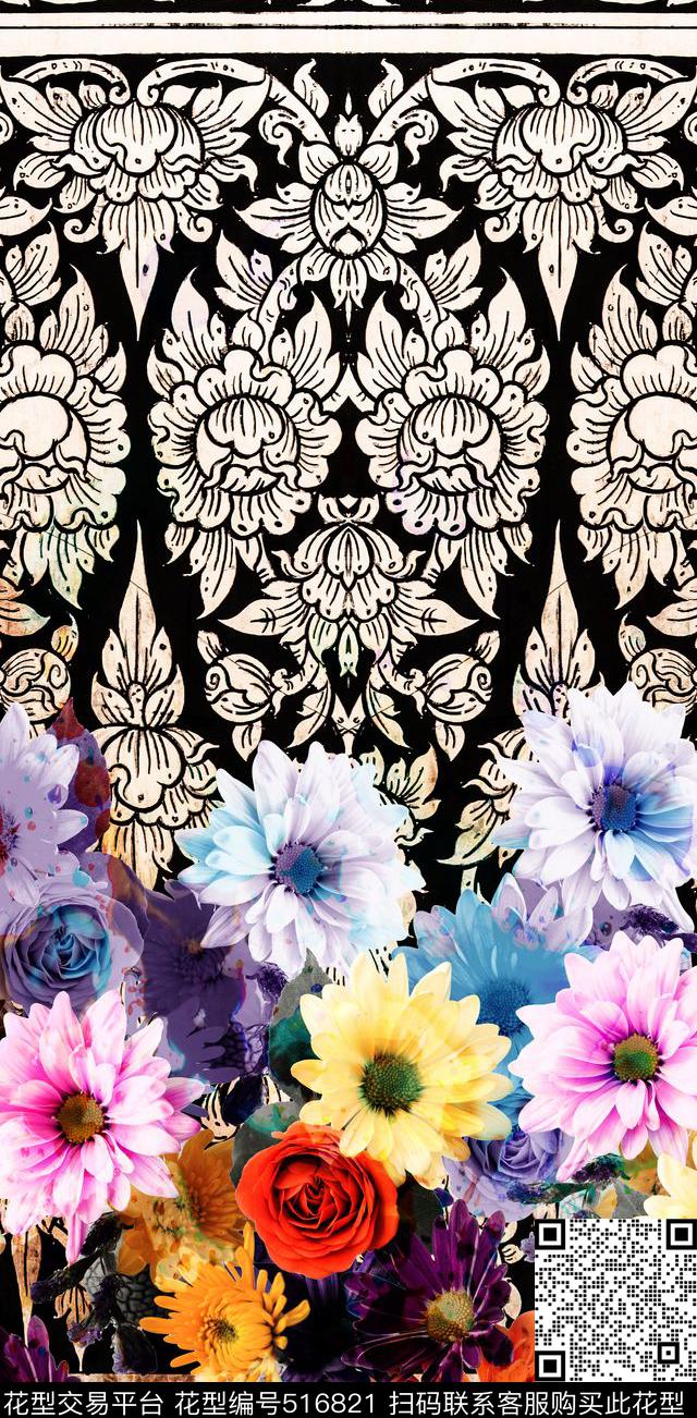 复古花卉图腾数码印花华亿平台下载（图片编号: 516821） - 瓦栏（Walan）