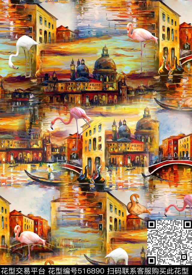风景潮流时尚大牌动物火烈鸟数码印花华亿平台下载（图片编号: 516890） - 瓦栏（Walan）