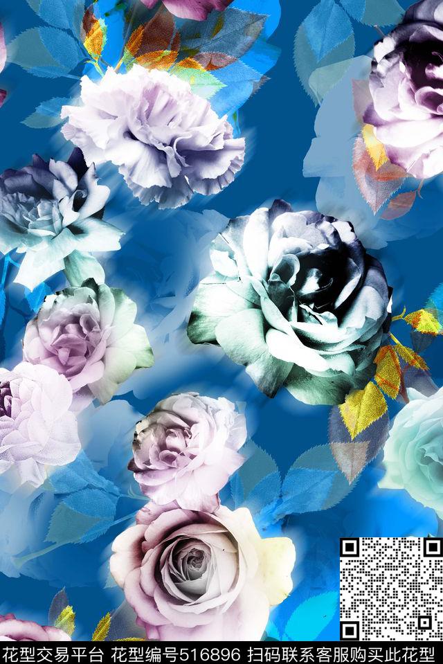 玫瑰花牡丹花写实数码印花华亿平台下载（图片编号: 516896） - 瓦栏（Walan）