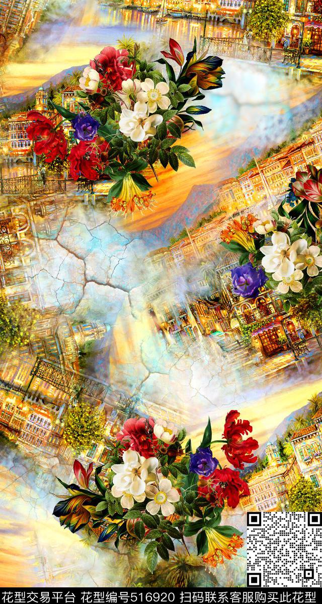 建筑手绘花卉油画风景数码印花华亿平台下载（图片编号: 516920） - 瓦栏（Walan）