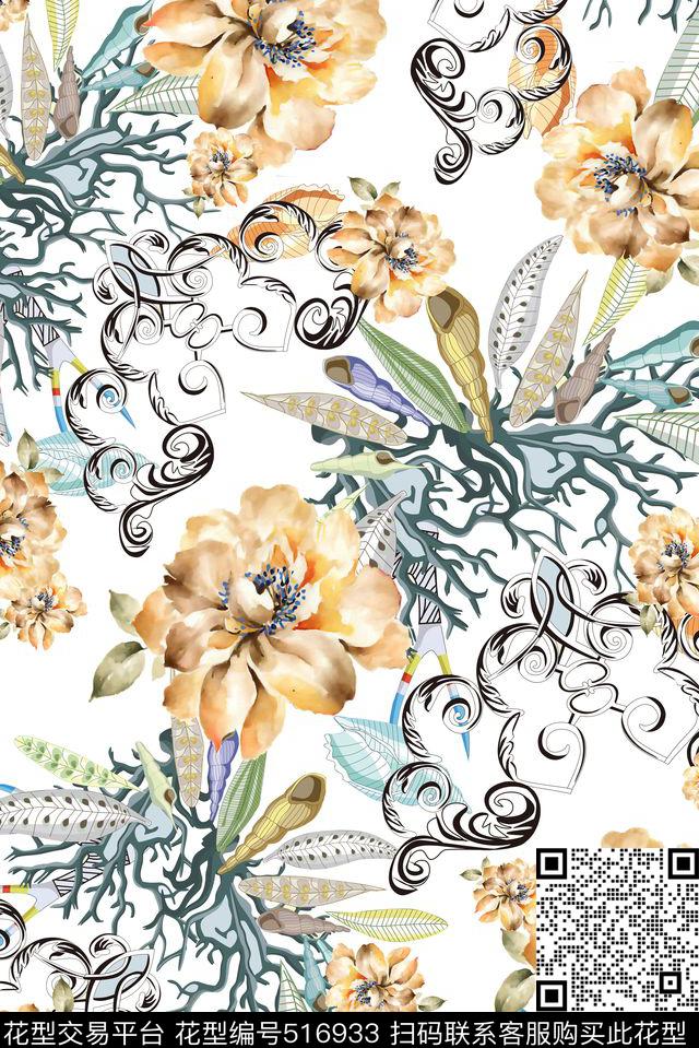 清爽花卉贝壳数码印花华亿平台下载（图片编号: 516933） - 瓦栏（Walan）