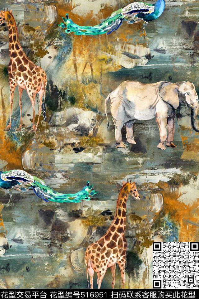 大象非洲草原孔雀数码印花华亿平台下载（图片编号: 516951） - 瓦栏（Walan）