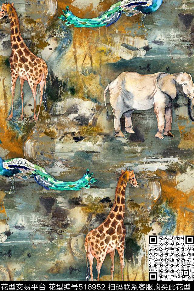 大象非洲草原孔雀数码印花华亿平台下载（图片编号: 516952） - 瓦栏（Walan）