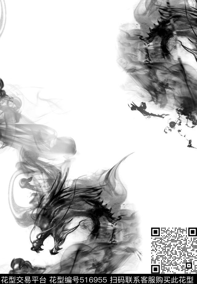 传统复古水墨龙中国风格数码印花华亿平台下载（图片编号: 516955） - 瓦栏（Walan）