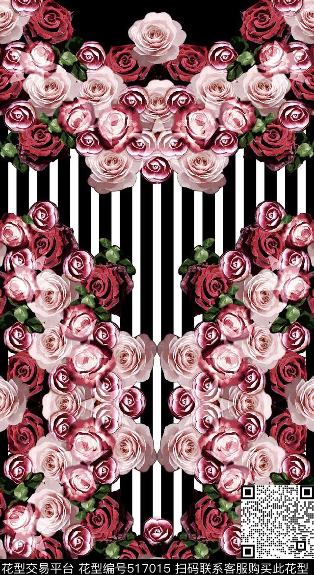 黑白线条花朵组合女装定位数码印花华亿平台下载（图片编号: 517015） - 瓦栏（Walan）