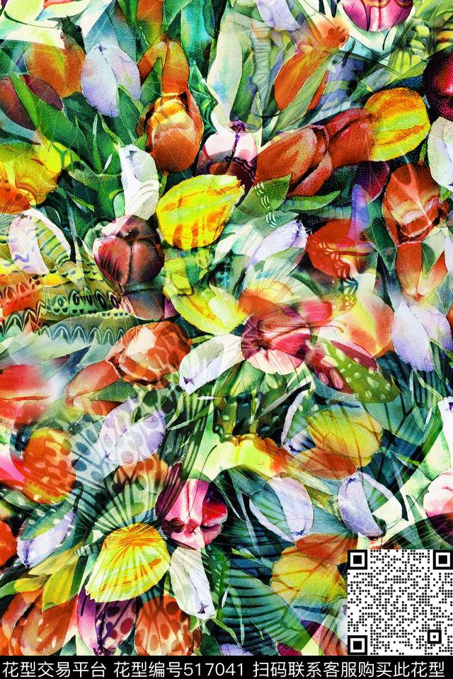 时尚斑斓花卉蝴蝶数码印花华亿平台下载（图片编号: 517041） - 瓦栏（Walan）