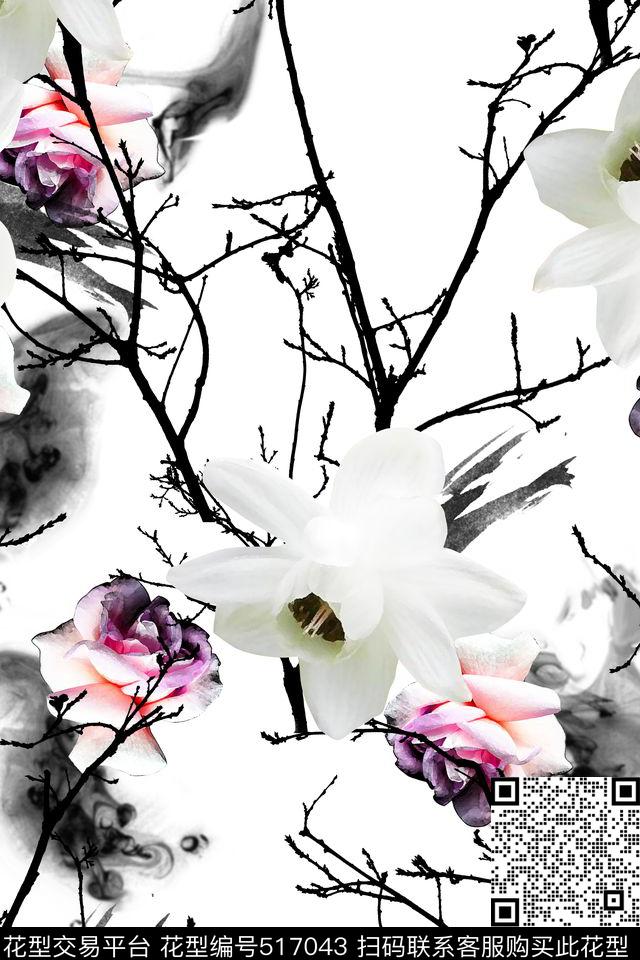 树枝中国风花卉数码印花华亿平台下载（图片编号: 517043） - 瓦栏（Walan）