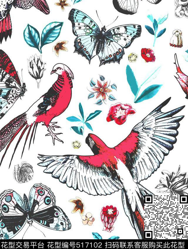 动物飞鸟标本花卉植物线描手绘素描趣味时尚流行传统印花华亿平台下载（图片编号: 517102） - 瓦栏（Walan）