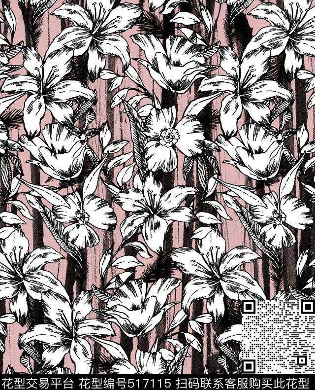 浪漫手绘简约花卉笔触水墨线描手绘叠加传统印花华亿平台下载（图片编号: 517115） - 瓦栏（Walan）