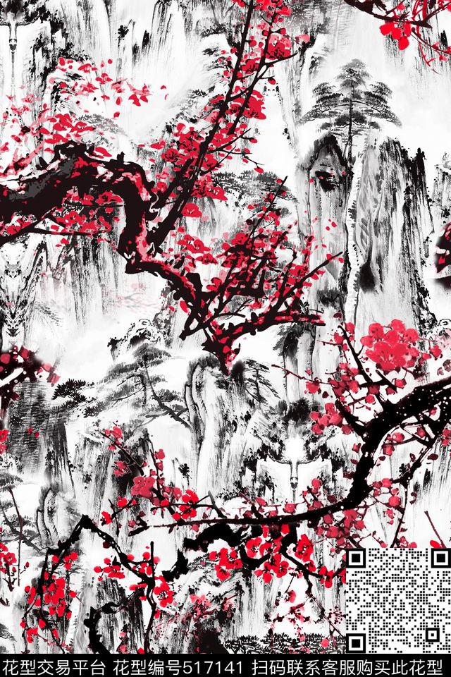 中国风水墨山水梅花数码印花华亿平台下载（图片编号: 517141） - 瓦栏（Walan）