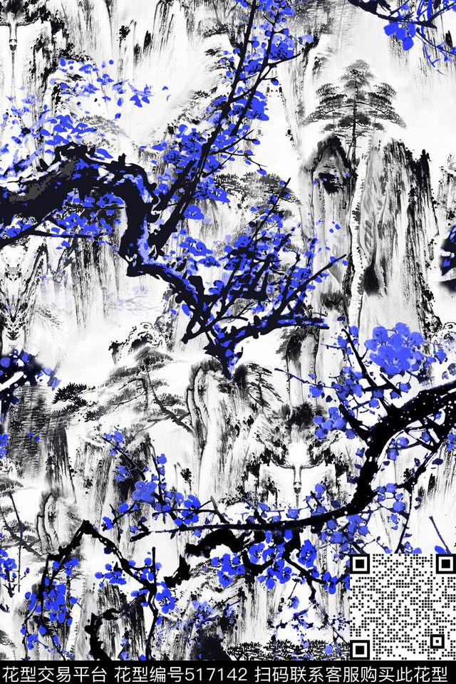 中国风水墨山水梅花数码印花华亿平台下载（图片编号: 517142） - 瓦栏（Walan）